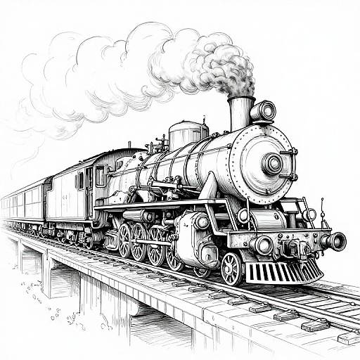 Black and white ink drawing of a vintage steam locomotive with smoke billowing, detailed wheels, and a freight car on a train track.