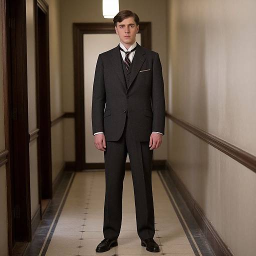 Photograph of a young, Caucasian man with short brown hair, standing in a dimly lit, narrow hallway wearing a black suit, white shirt,