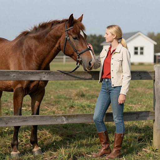 Blonde Girl with Horse in the Field