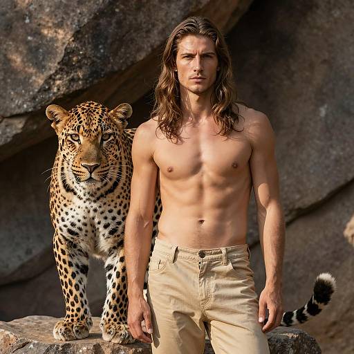 Shirtless Man Standing Beside Leopard in Rocky Terrain