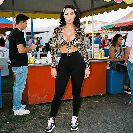 Photograph of a confident woman with dark hair, wearing a leopard print crop top and black high-waisted leggings, standing at an outdoor market with