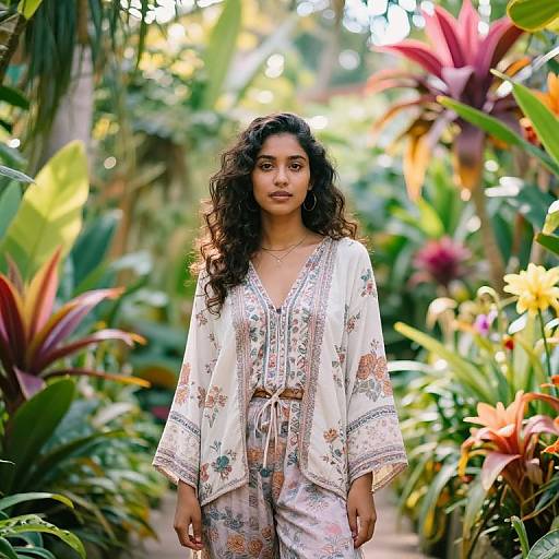 Photograph of a young South Asian woman with long curly black hair, wearing a floral patterned kimono-style top and pants, standing in a lush
