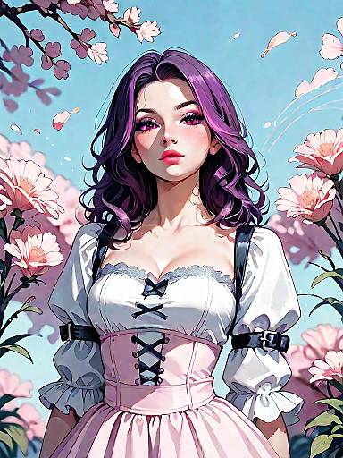 Young woman in white lace blouse and skirt