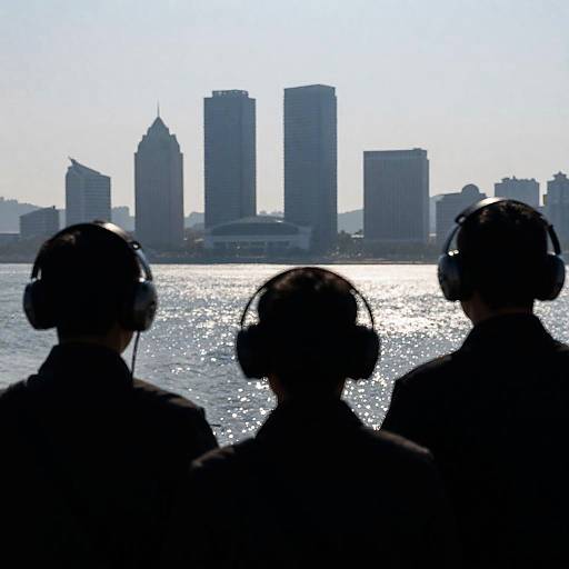 Silhouettes Listening to Cityscape by Sea
