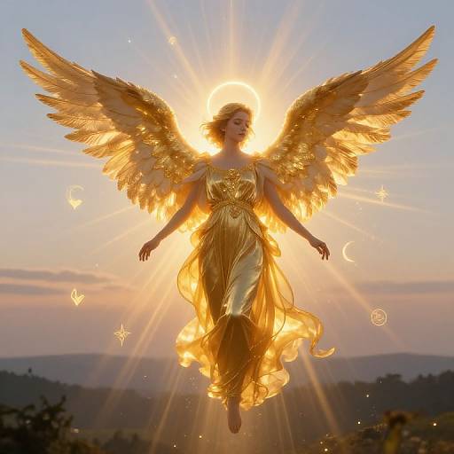 Photograph of a golden-winged angel with radiant sun halo, wearing a flowing, golden dress, floating against a sunset sky.