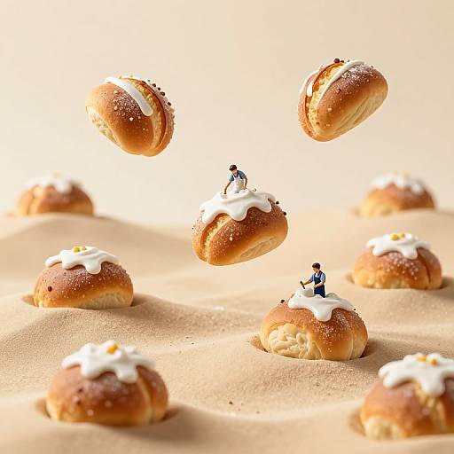 Photograph of miniature figures on floating, sesame-topped, glazed buns, with white icing, scattered on a sandy background.