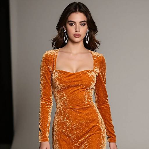 Photograph of a confident woman with wavy dark hair, wearing a form-fitting, long-sleeved, orange velvet dress, and large silver