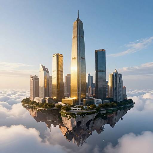 Photorealistic CGI of a floating city with modern skyscrapers, including a tall, glass-covered central tower, reflecting sunlight amidst fluffy clouds.
