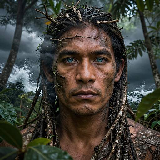 Photograph of a rugged, indigenous man with blue eyes, wet skin, and spiked dreadlocks, standing in a dark, stormy forest.