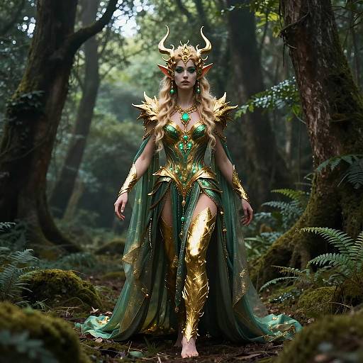 Digital fantasy artwork: Elven woman with golden horns, green and gold armor, and flowing green dress, standing in a mystical forest.