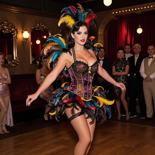 Photograph of a dark-haired woman in a colorful, feathered corset and mini skirt, dancing in a dimly lit, elegant room with dressed