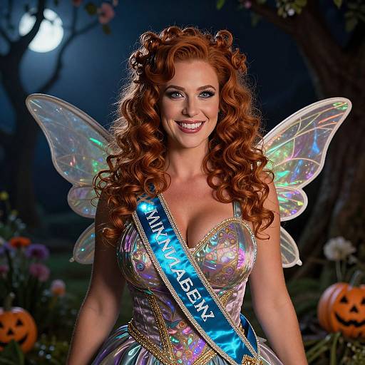 Photograph of a smiling red-haired woman with curly hair, wearing a sparkly fairy costume, iridescent wings, and a 