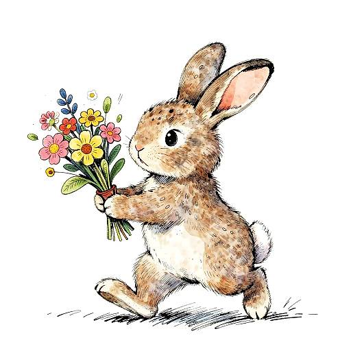 Whimsical Rabbit with Floral Bouquet