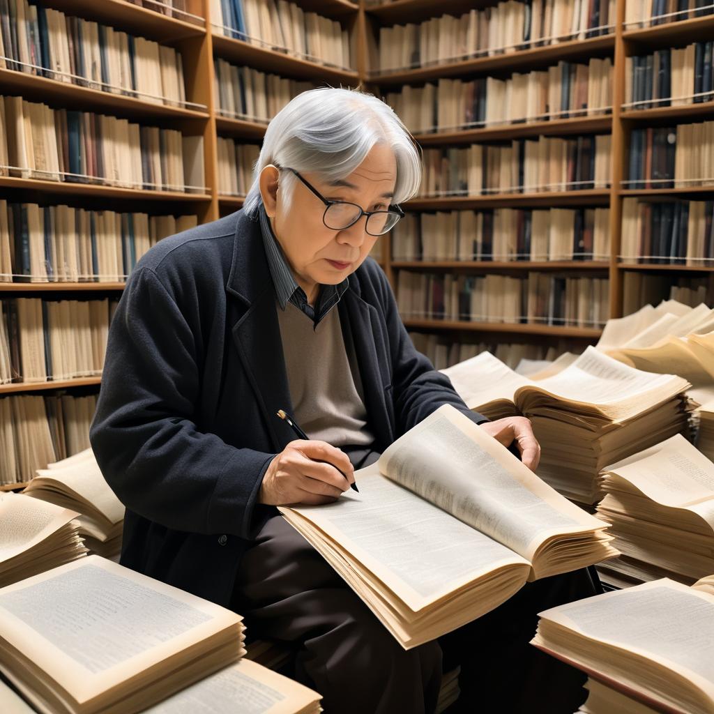 Elderly Writer in Dusty Library Scene