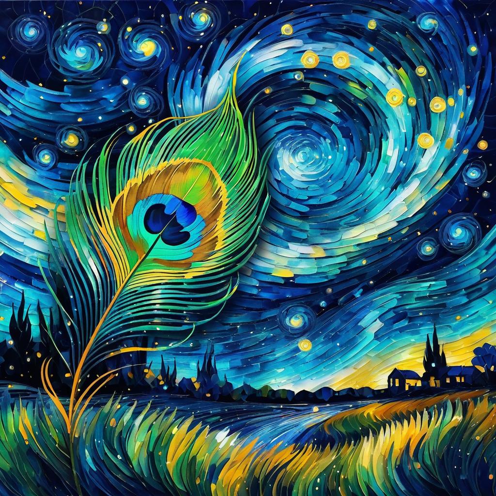 Peacock Feather Under Starry Van Gogh Sky