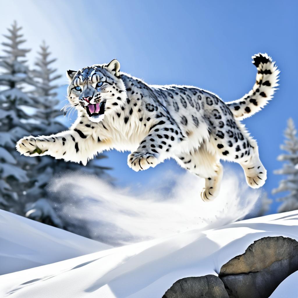 Leaping Snow Leopard in Dynamic Action