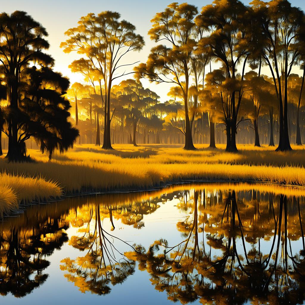 Serene Golden Savannah Wetlands at Dawn