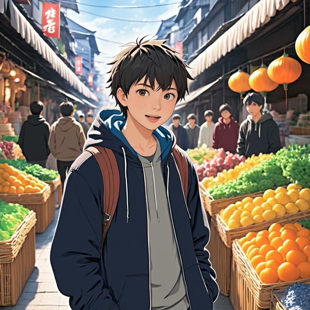 Excited Teen in a Bustling Market