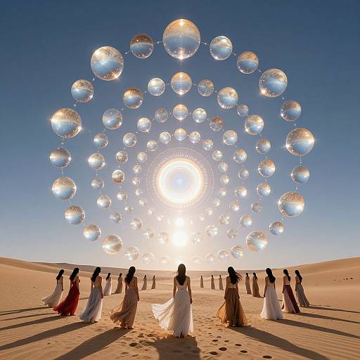 Photograph of women in flowing dresses standing in a desert, facing a bright sun, with large, floating, reflective bubbles overhead.