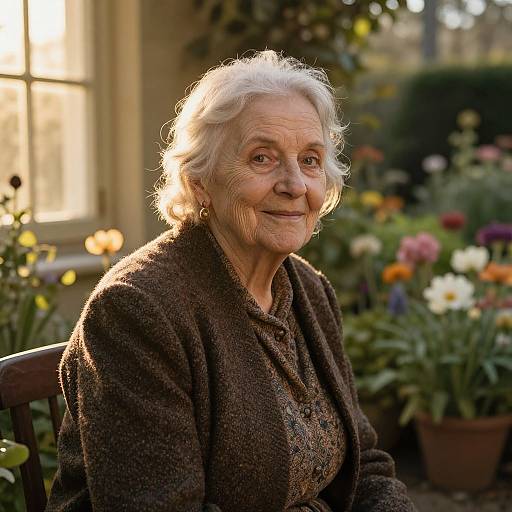 Photograph of an elderly white woman with white hair, smiling gently, wearing a brown textured cardigan, seated in a sunlit garden with colorful flowers