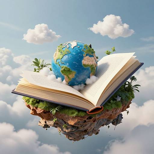 Digital art: Open book with pages curling, floating above rocky island, surrounded by plants, and holding a blue Earth with green continents, set against