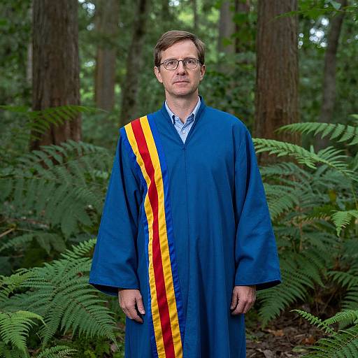 Photograph of a middle-aged man in a blue Hogwarts-style graduation robe with red and yellow stripes, standing in a dense forest with ferns. He