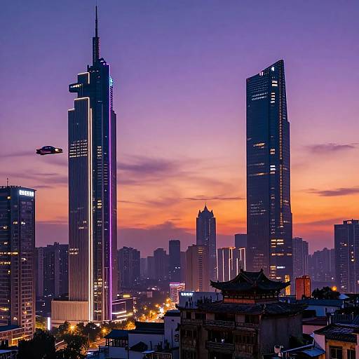 Photograph of a futuristic cityscape at dusk, featuring neon-lit skyscrapers with purple and orange sunset sky, and a flying saucer in