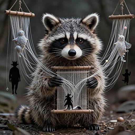 Photorealistic CGI of a fluffy raccoon weaving a dreamcatcher with silhouetted figures and beads, in a dark, forested background