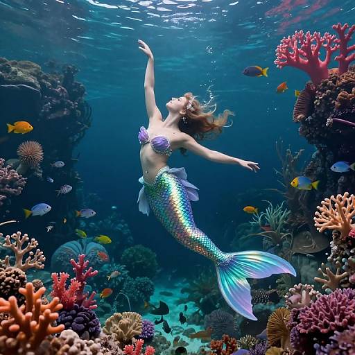 Photograph of a shimmering mermaid with a purple seashell top and iridescent tail, gracefully swimming among vibrant coral reefs and colorful fish
