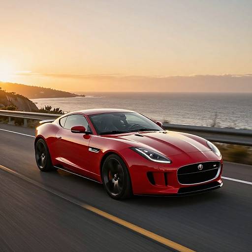 Photograph of a sleek, red Nissan 370Z sports car driving on a coastal highway during a sunset, with ocean and sky in the background.