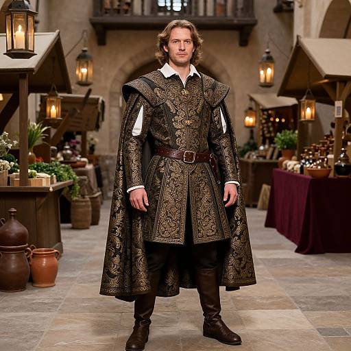 Photograph of a man with long brown hair in a detailed, black, medieval-style long coat, standing in a rustic market hall with wooden stalls and