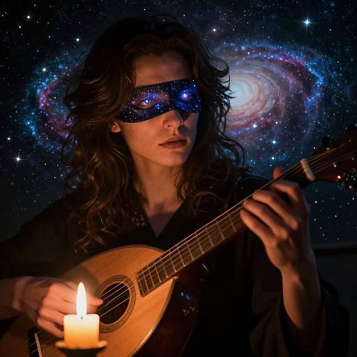 Photograph of a long-haired person with starry blindfold, playing acoustic guitar by candlelight, with a colorful galaxy background.