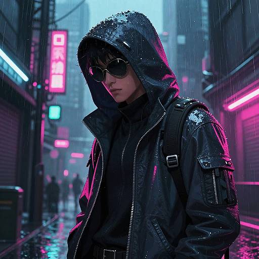 Cyberpunk Hacker in Rainy Neon Alley