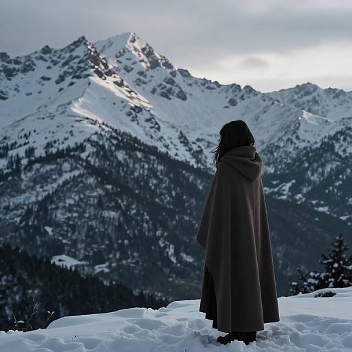 Photograph of a lone figure in a long brown cloak standing on snow-covered ground, facing towering snow-capped mountains under a cloudy sky.