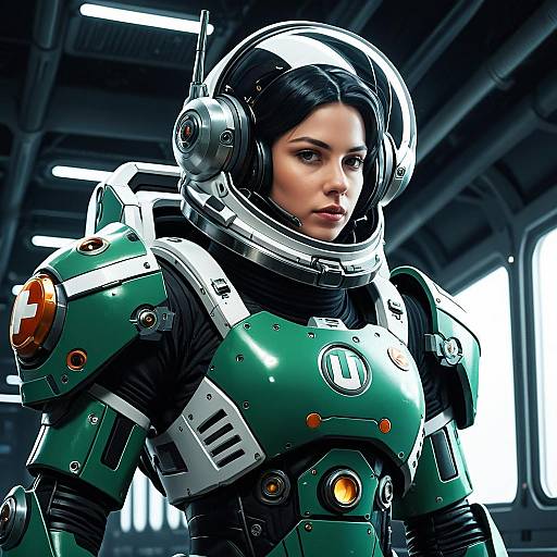 Female Astronaut in Green Mech Space Suit