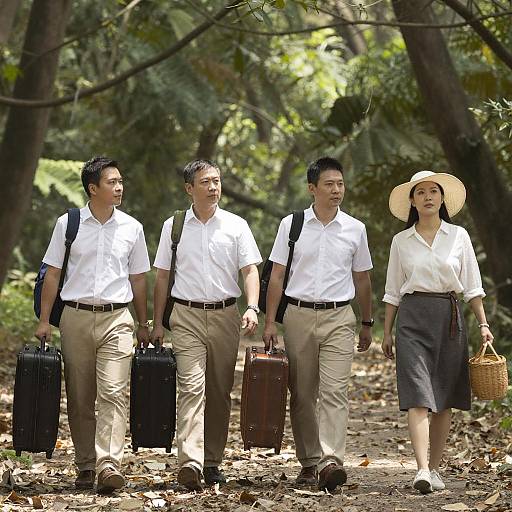 Group Strolling in Sunlit Forest