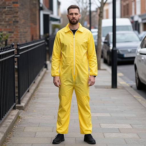Photograph of a bearded man in a bright yellow jumpsuit standing on a narrow, urban sidewalk with black railings and parked cars.