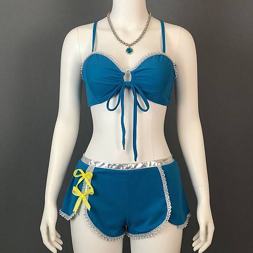 Photograph of a white mannequin wearing a blue bikini set with white lace trim, yellow ankh bow on shorts, and a turquoise necklace against