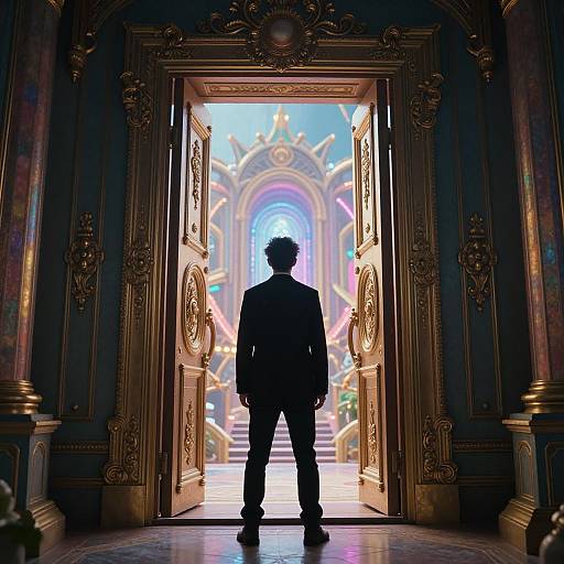 Silhouetted man in suit stands at ornate, golden doorframe, gazing into vibrant, glowing, futuristic portal. Digital art, dramatic