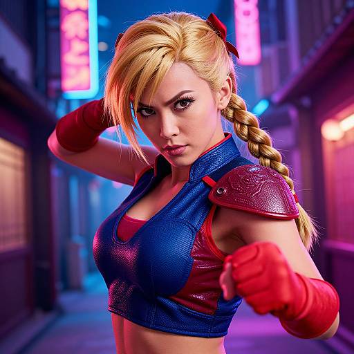 Digital art of blonde, braided female fighter in blue and red armor, neon-lit alley, intense expression, red gloves, fist raised.
