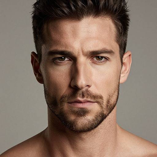 Close-up photograph of a handsome, shirtless man with short, dark brown hair, light brown eyes, and a trimmed beard against a gray background.