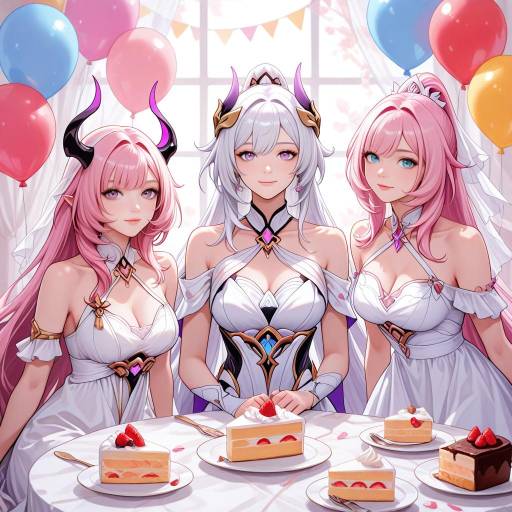 Girls Enjoying Cake in Colorful Dresses