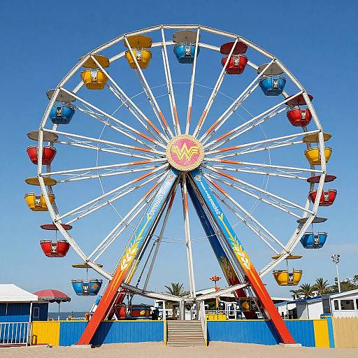 Bright photograph of a colorful Ferris wheel with red, yellow, and blue gondolas, set against a clear blue sky, surrounded by festive fair