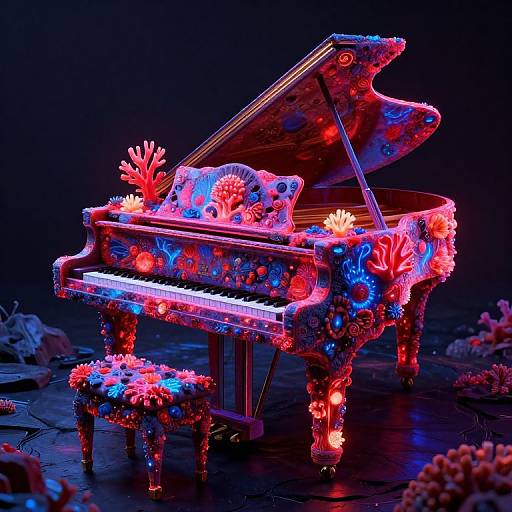 Neon-lit grand piano adorned with glowing coral and flower decorations, illuminated in vibrant pink, blue, and red hues. Photorealistic digital art
