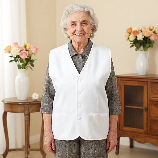 Photograph of elderly white woman with short gray hair, wearing a white vest over gray patterned shirt and pants, smiling in a warmly lit room with