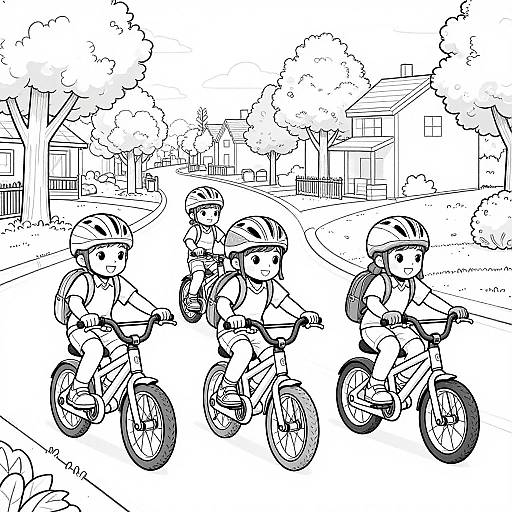 Black-and-white digital drawing of three children wearing helmets, riding bicycles on a suburban street with trees and houses in the background.