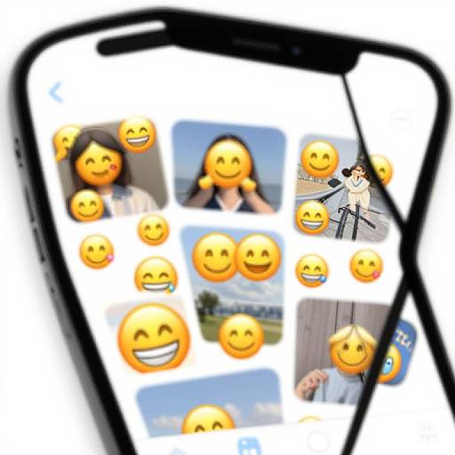 Photograph of a smartphone screen displaying a collage of smiley faces with various photos, including a woman and Mickey Mouse.