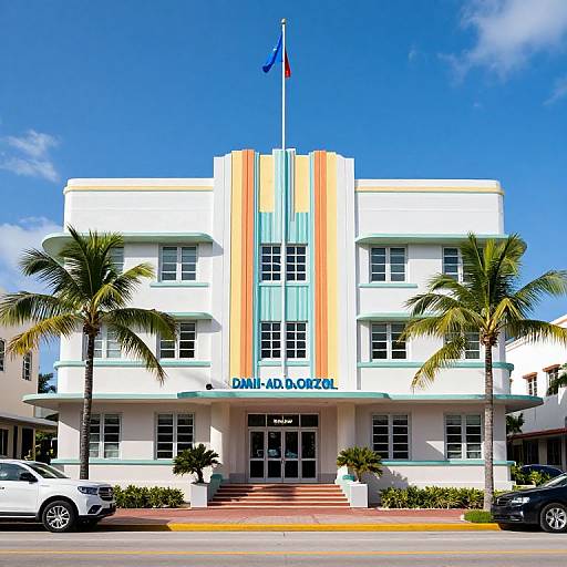 Photograph of a mid-20th century Art Deco hotel facade with white, turquoise, and orange vertical stripes, palm trees, and 