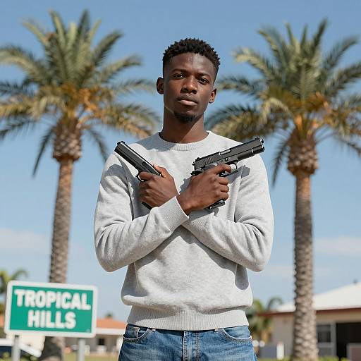 Young Man Holding Two Handguns Outdoors