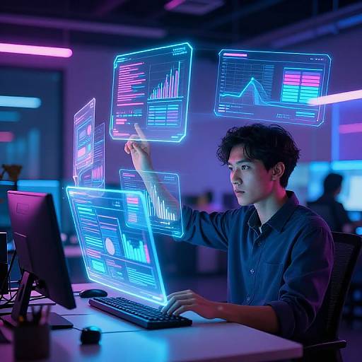 Neon-lit cyber office scene: Asian man with curly hair, wearing dark shirt, interacts with floating, glowing digital graphs and charts above computer.